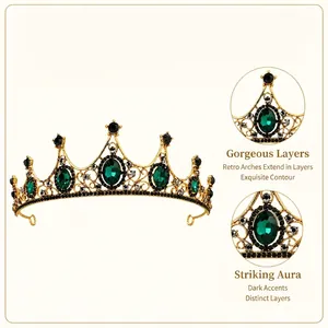 Detailed view of luxury baroque crown with green crystals and golden hollow design