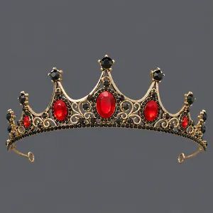 Exquisite vintage baroque queen crown featuring red oval gems and black rhinestones