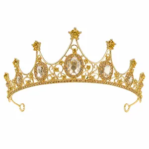 Exquisite gold baroque queen crown tiara with amber rhinestones for elegant prom events