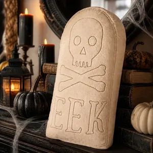 Halloween Tombstone Skull Plush Pillow Embroidered EEK Decorative Throw Pillow For Home Party Festive Ornaments Beige