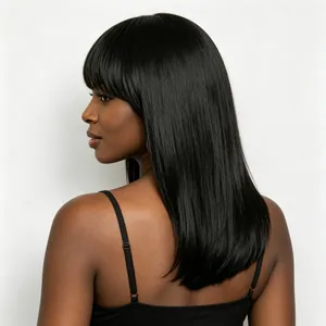 Detailed side-back view of a silky straight black wig with stylish bangs