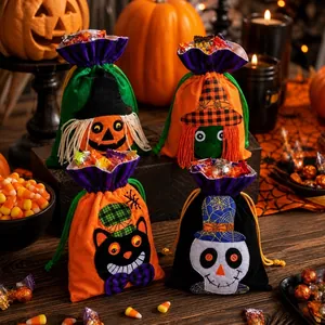 Sacchetto per Caramelle con Coulisse di Halloween in Velluto Zucca Strega Scheletro Gatto Nero per Bomboniere Bambini