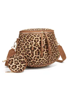 Leopard print crossbody bum bag set including a small round pouch with an adjustable wide strap