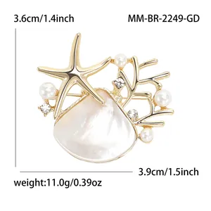 Fashionable gold alloy shell brooch with starfish and pearl accents for women