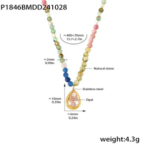 Détails du pendentif en opale et des perles en pierre naturelle avec dimensions.
