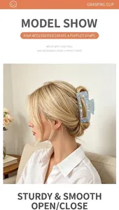 Side view of an iridescent mermaid hair claw clip holding a blonde hair bun hairstyle.