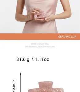 Detailed product specification of iridescent hair claw clip showing weight and dimensions.