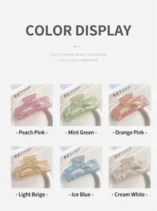 Detailed view of large iridescent hair claw clips in various pastel colors