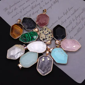 Natural Stone Faceted Shield Pendant With Electroplated Copper Edge For Necklace DIY Jewelry Making Men Women Accessory
