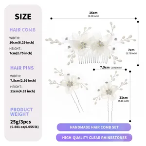 Set pettine e forcine per capelli da sposa con fiori bianchi e dimensioni dettagliate