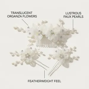 Vista dettagliata del set di accessori per capelli da sposa con fiori di organza.