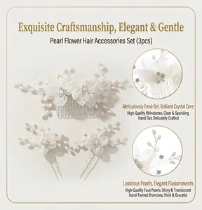Dettaglio del set di 3 accessori per capelli da sposa con fiori di stoffa e perle