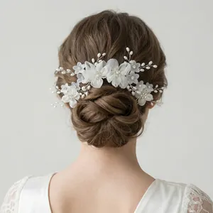 Accessori Capelli Sposa Fatti Mano Fiore Tessuto Bianco Perla Artificial Sintetica Strass Pettine Capelli E Forcine Per Matrimonio Donne