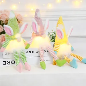 Easter Bunny Gnome Plush With LED Light Long Striped Legs Faceless Doll Rabbit Ears Gnome Home Table Decoration Festive Ornaments