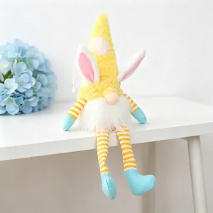 Adorable handmade Easter bunny gnome plush with long striped legs and yellow hat