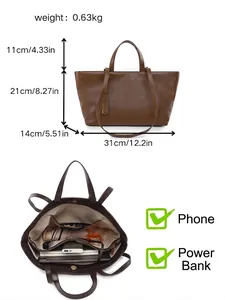 Bolso tote vintage de cuero suave para mujer con dimensiones y gran capacidad interna