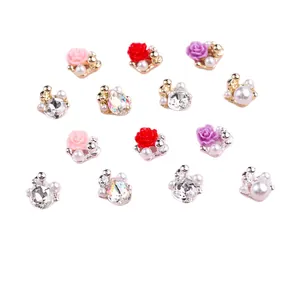 Elegant rose and faceted rhinestone nail art charms with pearls for DIY manicure decoration
