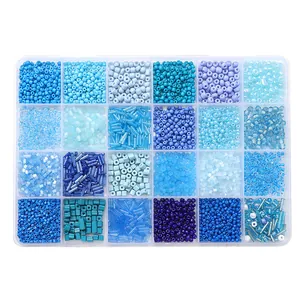 Assorted blue seed and tube bead kit in 24-compartment box for DIY jewelry making