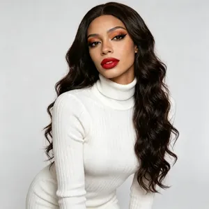 Long wavy dark brown synthetic wig with middle part and large waves for fashion