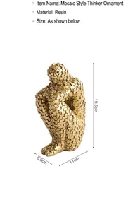 Golden mosaic abstract thinker sculpture made of resin for modern luxury home decor