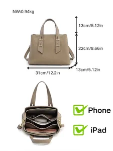 Women's TOGO leather tote bag with dimensions and interior capacity view