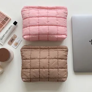 Neceser de maquillaje acolchado de algodón para viajes, gran capacidad en rosa y marrón