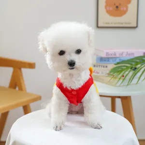 Nahaufnahme der rot-gelben ärmellosen Haustierweste, die ein kleiner weißer Bichon-Welpe trägt