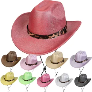 Western Cowboy Hat Polyester Leopard Print Band Adjustable Chin Strap Sun Protection Fashion Party Fedora Hat Men Women Jewelry