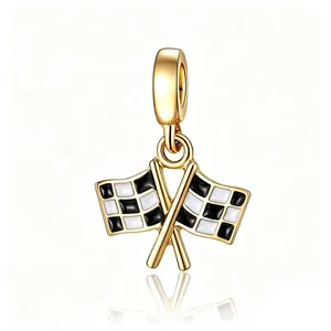 Detailed view of gold racing flag charm with black and white checkered enamel finish