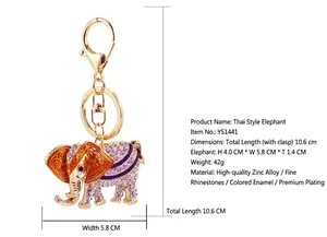Detail view of Thai elephant keychain dimensions with sparkling rhinestone details