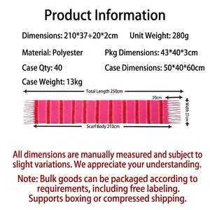 Detail view showing pink striped scarf dimensions and material specifications in cm