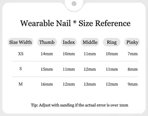 Size chart for press-on nails showing width measurements for five fingers across XS, S, and M.