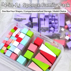 Macro detail of various sized colorful nail art gradient sponges in a storage box