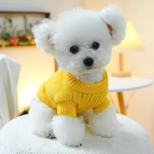 Primer plano de un perro blanco pequeño con un suave suéter de punto amarillo para mascotas