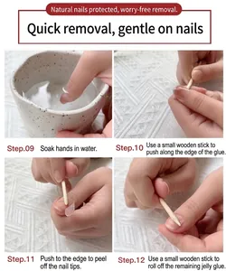 Step-by-step tutorial for safely removing aurora press-on nails using a small wooden stick