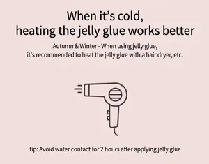 Jelly glue application tips for press-on nails including heating and water avoidance advice