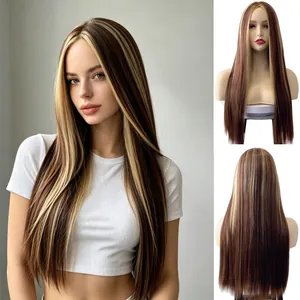 Long Straight Highlighted Wig For Women Middle Part Ombre Brown Blonde Synthetic Hair Heat Resistant Full Machine Made