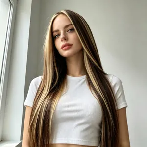 Detailed macro view of long straight synthetic wig featuring ombre brown and blonde highlights.