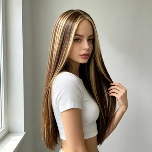 Detail view of long straight brown wig with blonde highlights on a female model.