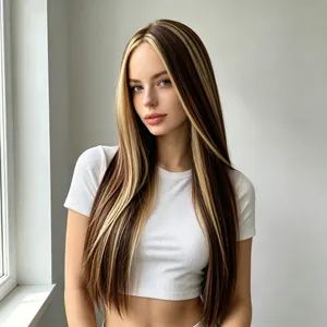 Close-up of long straight synthetic wig with blonde highlights and stylish middle part