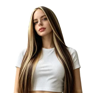 Long straight brown wig with blonde highlights and middle part for women