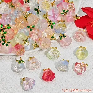 Detailed view of various colorful 15x12mm crystal rose charms for DIY jewelry making