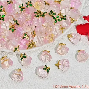 15x12mm Pink translucent rose flower pendant with gold leaves for DIY jewelry making