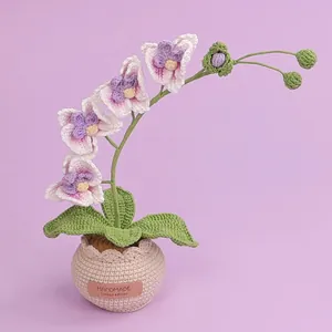 Exquisite handgehäkelte Orchidee im Topf mit zarten rosa und lila Blüten aus Garn