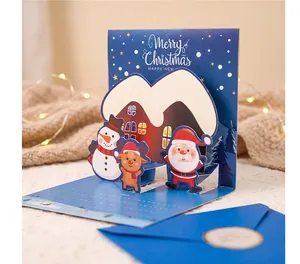 3D pop-up Christmas card featuring Santa Claus, snowman, and reindeer characters