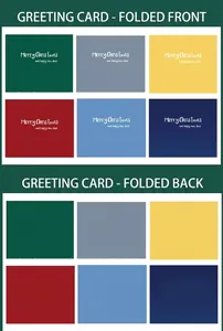 Set of six colorful Christmas cards showing minimalist front and back folded views