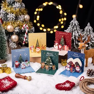 3D Pop Up Christmas Greeting Cards Cardboard Folding Holiday Message For Xmas Eve Party Gift With Envelopes Stickers