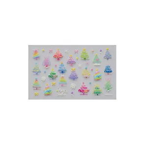 Sheet of 3D embossed Christmas tree nail art stickers featuring colorful glitter designs