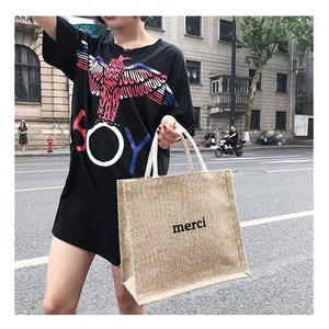 Borsa tote in juta capiente con stampa 'merci' per uno stile di moda coreana