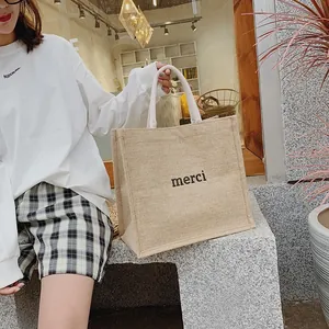 Borsa tote in juta naturale alla moda di grande capacità con stampa Merci per donna